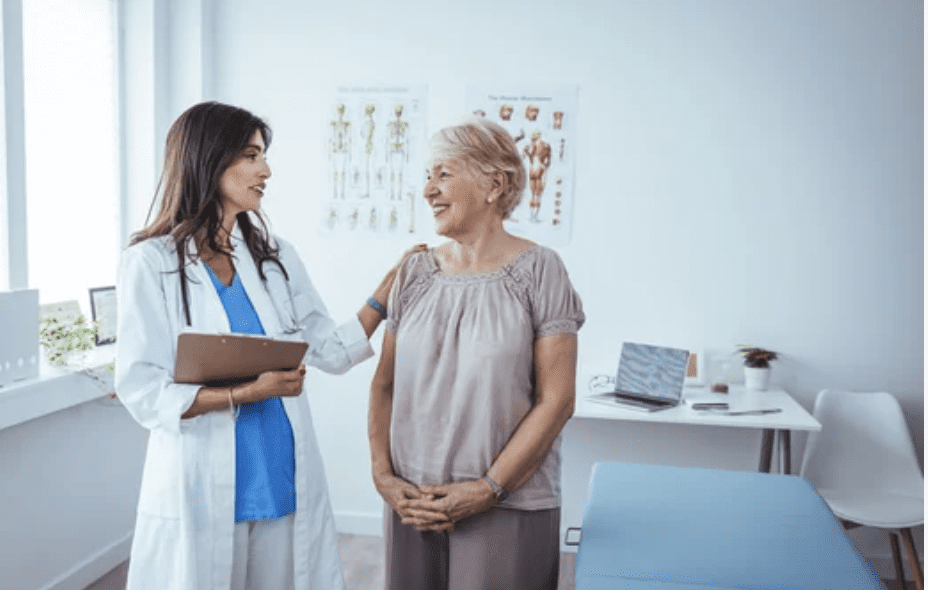 Doctor discussing hormone replacement therapy options or natural menopause treatment Australia 